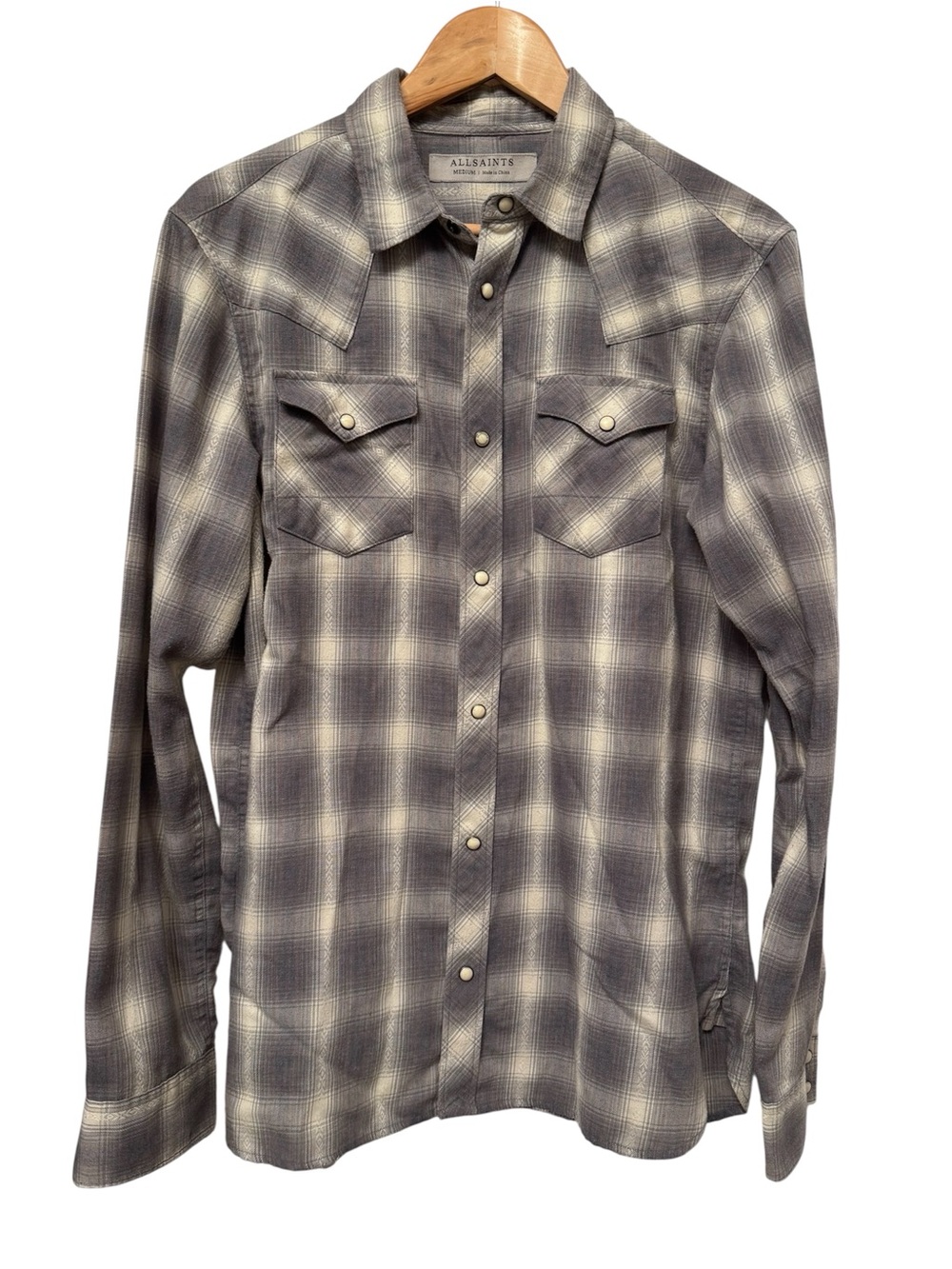 All Saints Men’s Grey and Cream Plaid Western Pearl Snap Shirt - Medium